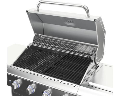 Geöffneter Grill mit Grillrost und Warmhalterost