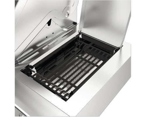 Innenraum eines Edelstahl-Gasgrills mit Grillrost