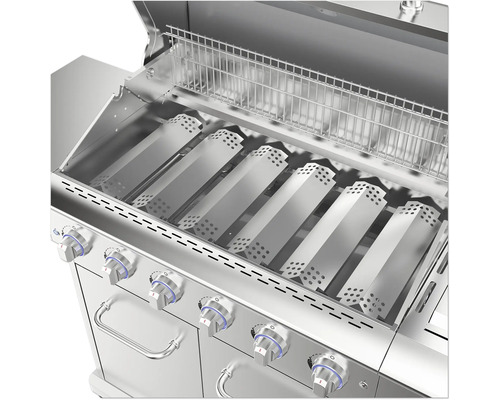 Innenansicht eines Edelstahl-Gasgrills mit Grillrost und Brennerabdeckungen