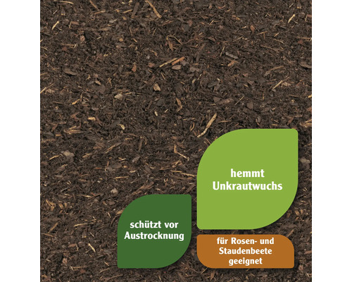 Nahaufnahme von Mulch, der Unkrautwachstum hemmt, vor Austrocknung schützt und für Rosen- und Staudenbeete geeignet ist