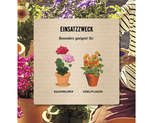 Illustration mit dem Hinweis Einsatzzweck: Besonders geeignet für Balkonblumen und Kübelpflanzen