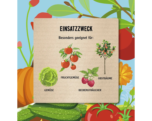 Illustration mit dem Titel Einsatzzweck, die Gemüse, Fruchtgemüse, Beerensträucher und Obstbäume zeigt.