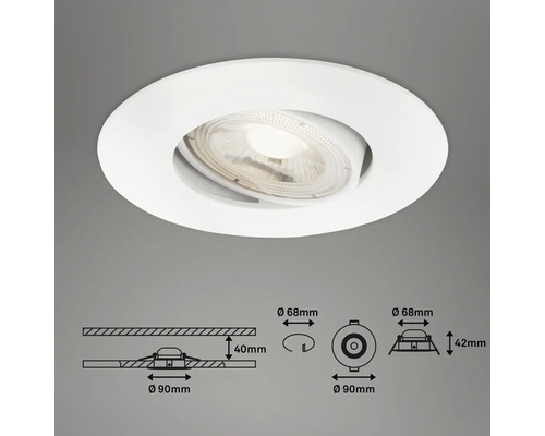 Einbaustrahler mit den Maßangaben Durchmesser 68 mm und 90 mm sowie 40 mm und 42 mm Höhe.
