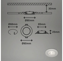 Technische Zeichnung einer runden Einbauleuchte mit den Maßen 90 mm Durchmesser, 68 mm Öffnungsdurchmesser, 65 mm Tiefe und 25 mm Höhe