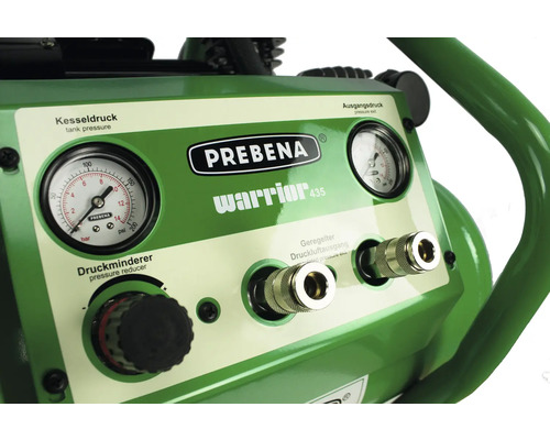 Detailansicht des Prebena Warrior 435 Kompressors mit Manometer und Druckluftausgang
