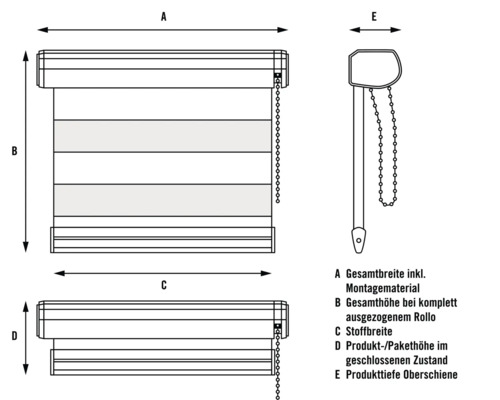Technische Zeichnung eines Rollos mit Maßangaben