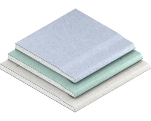 Stapel Gipskartonplatten in verschiedenen Ausführungen