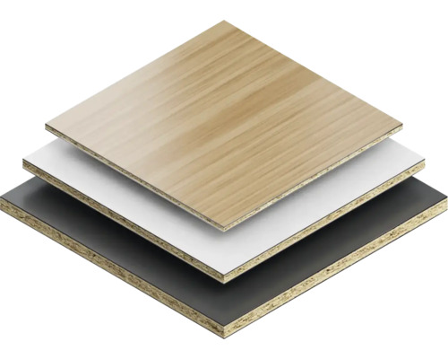 Drei Spanplatten in Holzoptik, Weiss und Schwarz