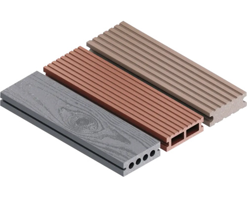Drei Terrassendielen aus Verbundmaterial in verschiedenen Ausführungen