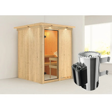 Plug & Play Sauna Karibu Achat I inkl. 3,6 kW Ofen u.integr.Steuerung und Dachkranz mit bronzierter Ganzglastüre