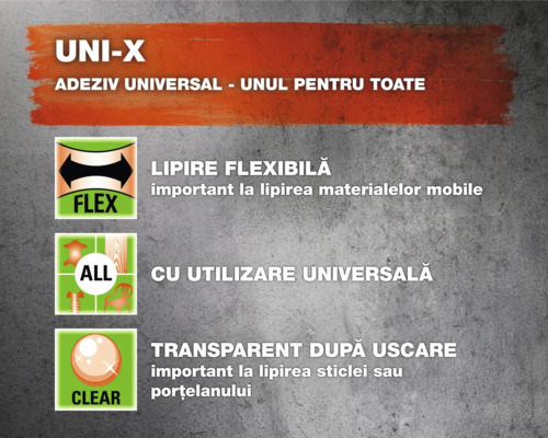 UNI-X Universalkleber Eigenschaften: flexible Verbindung, universell einsetzbar, transparent nach dem Trocknen