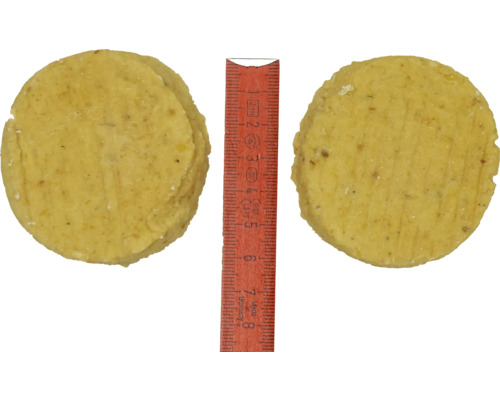Zwei runde Putzreinigungssteine mit einem Messlineal zur Größenanzeige