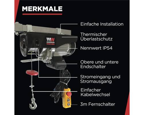 Merkmale des Warrior Winches Produkts: einfache Installation, thermischer Überlastschutz, Nennwert IP54, obere und untere Endschalter, Stromeingang und Stromausgang, einfacher Kabelwechsel, 3 Meter Fernschalter