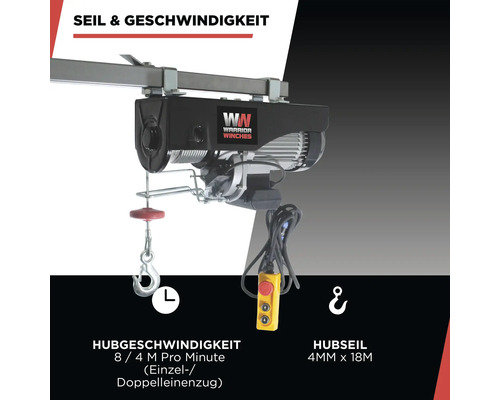 Warrior Winches Seilzug mit einer Hubgeschwindigkeit von 8/4 Meter pro Minute und einem Hubseil von 4 Millimeter mal 18 Meter