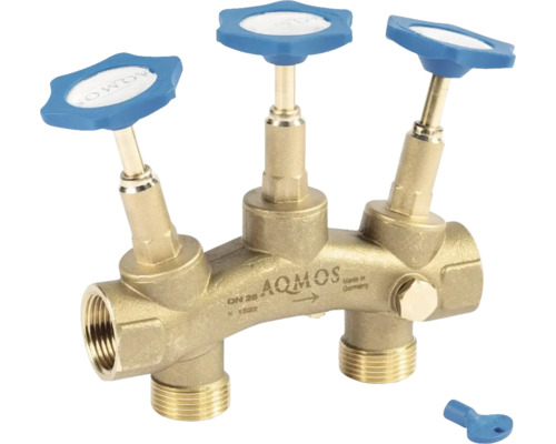AQUAMOS Heizkreisverteiler aus Messing mit drei blauen Ventilen