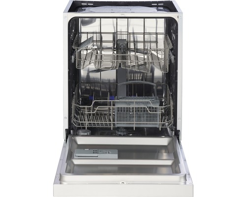 Innenansicht eines Geschirrspülers mit offenen Klappen und Körben