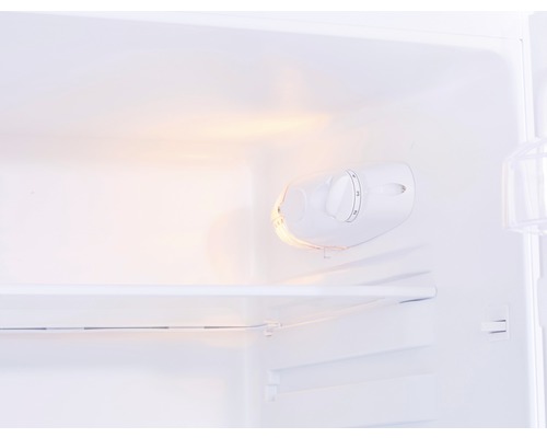 Innenraum eines Kühlschranks mit Temperaturregler und Regalböden