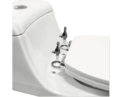 Detailansicht einer weißen Toilette mit Chrombeschlägen