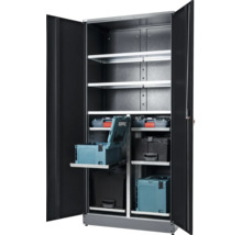 Offener Werkzeugschrank mit Regalböden und Werkzeugkisten