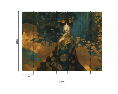 Fototapete mit Darstellung einer Frau im traditionellen japanischen Stil, Abmessungen 371 x 280 cm