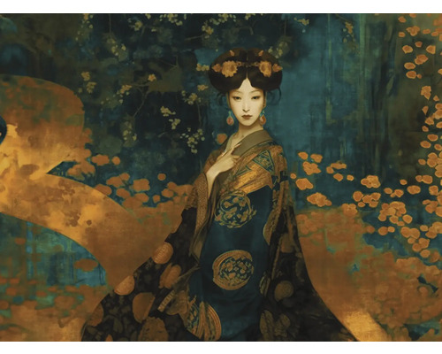 Fototapete Vlies 39706-1 Jade 2 Geisha petrol 7-tlg. 371 x 280 cm Gemälde einer Frau im Kimono mit floralen Details