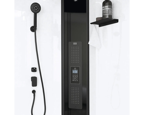 Duschpaneel mit Handbrause, Bedienelementen und Ablage im Badezimmer