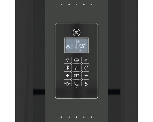 Bedienfeld mit verschiedenen Steuerungselementen wie Licht, Sound und Temperatureinstellung.