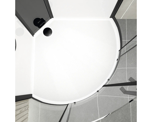 Blick von oben auf eine Duschkabine mit schwarzem Rahmen und runder Duschwanne