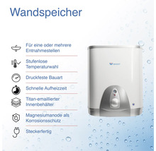 Wandspeicher mit mehreren Entnahmestellen, stufenloser Temperaturwahl, druckfester Bauart, schneller Aufheizzeit, titanemailliertem Innenbehälter und Magnesiumanode als Korrosionsschutz.