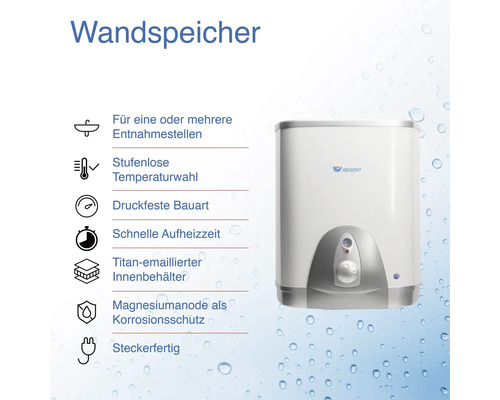 Wandspeicher mit mehreren Entnahmestellen, stufenloser Temperaturwahl, druckfester Bauart, schneller Aufheizzeit, titanemailliertem Innenbehälter und Magnesiumanode als Korrosionsschutz.