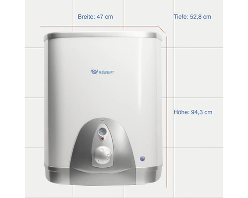 Warmwasserspeicher mit den Massen: Breite 47 cm, Tiefe 52,8 cm, Höhe 94,3 cm.