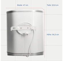 Elektrischer Warmwasserspeicher mit einer Breite von 47 cm, einer Tiefe von 52,8 cm und einer Höhe von 94,3 cm.