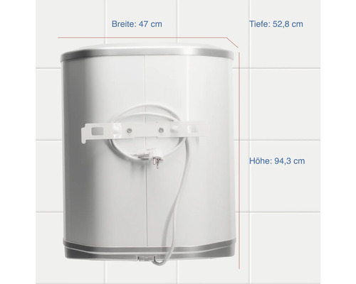 Elektrischer Warmwasserspeicher mit einer Breite von 47 cm, einer Tiefe von 52,8 cm und einer Höhe von 94,3 cm.