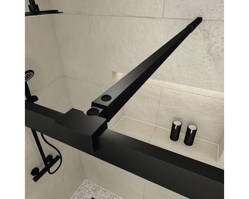 Detailaufnahme einer Duschkabine mit schwarzem Rahmen