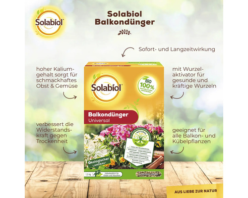 Solabiol Balkondünger Universal Packung mit Hinweisen zu Sofort- und Langzeitwirkung