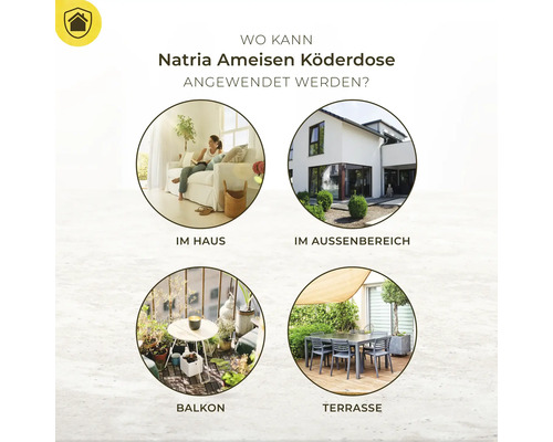 Anwendungsbereiche der Natria Ameisen Köderdose: im Haus, im Aussenbereich, auf dem Balkon und auf der Terrasse.