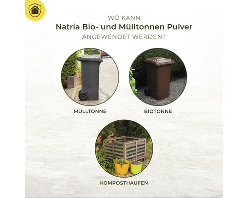 Anwendungsbereiche für Natria Bio- und Mülltonnen Pulver: Mülltonne, Biotonne und Komposthaufen