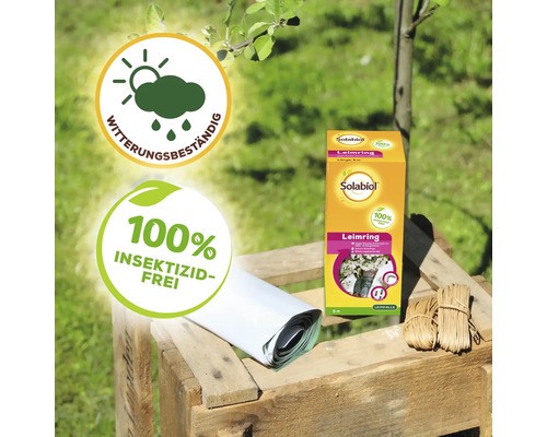 Solabiol Leimring mit dem Symbol Witterungsbeständig und dem Siegel 100 Prozent Insektizid-Frei