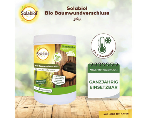 Solabiol Bio Baumwundverschluss im 1-Kilogramm-Behälter für Obst- und Ziergehölze. Anwendbar bis minus 2 Grad. Logo Ökologischer Landbau. Solabiol Logo.