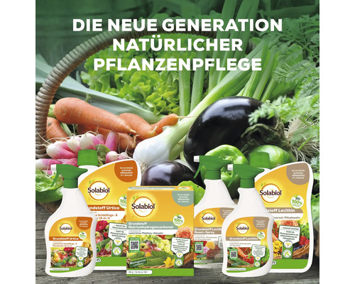 Produktreihe von Solabiol zur natürlichen Pflanzenpflege mit Grundstoff Urtica, Natriumhydrogencarbonat und Lecithin