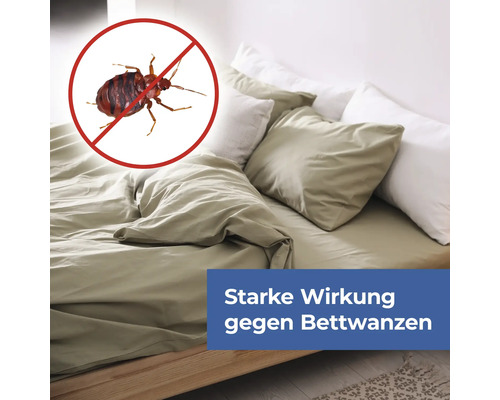 Bett mit Bettwäsche und Symbol gegen Bettwanzen.