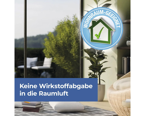 Wohnraumszene mit Siegel: Geeignet für Wohnräume. Keine Wirkstoffabgabe in die Raumluft.