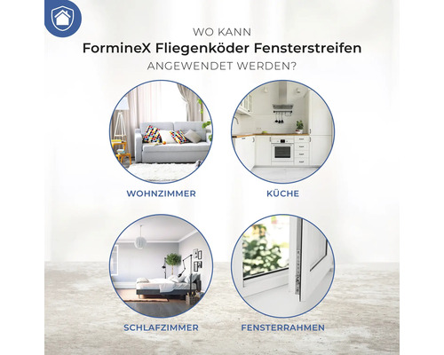 Anwendungsbereiche von FormineX Fliegenköder Fensterstreifen: Wohnzimmer, Küche, Schlafzimmer, Fensterrahmen