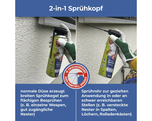 Anwendungsszenario eines Insektensprays mit zwei Sprühaufsätzen zur Bekämpfung von Wespennestern
