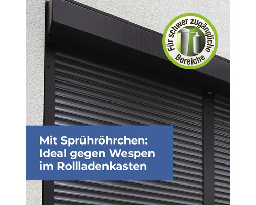 Rollladen mit Hinweis zur Anwendung gegen Wespen in Rollladenkästen und Symbol für schwer zugängliche Bereiche