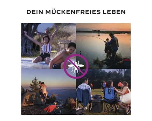Collage verschiedener Outdoor-Aktivitäten mit dem Symbol für Mückenschutz