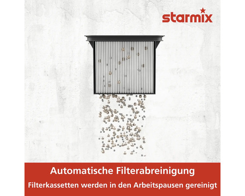 Starmix Logo. Automatische Filterreinigung. Filterkassetten werden in den Arbeitspausen gereinigt.