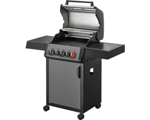 Schwarzer Gasgrill mit offener Haube, Bedienknöpfen und Seitentischen.