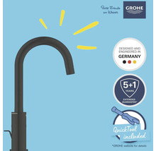 Grohe Wasserhahn mit Hinweisen auf deutsche Entwicklung, verlängerte Garantie und inklusivem QuickTool