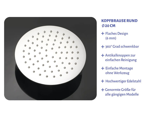 Runde Kopfbrause aus Edelstahl, Durchmesser 20 Zentimeter